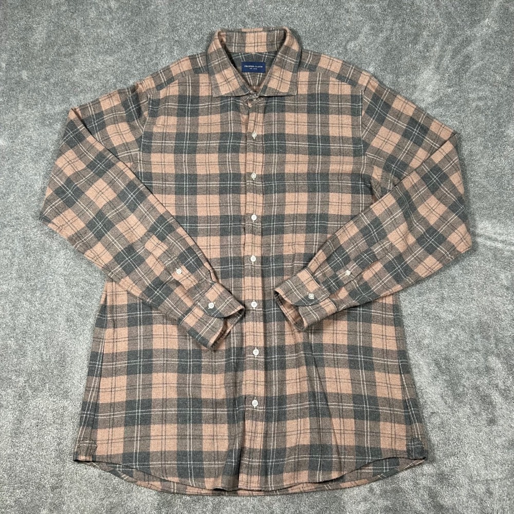 Proper Cloth Button Down Flannel Shirt Mens Brown Grey Plaid Cotton Mens Large